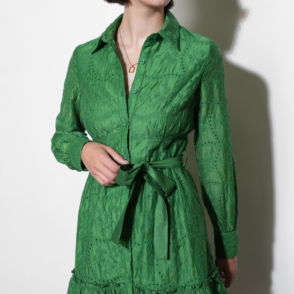 Greylin Green Eyelet Shirt Dress with Tie Waist - Picture 2 of 4